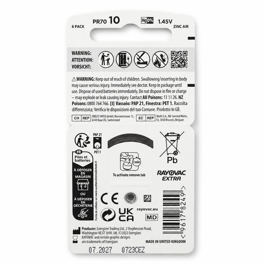 Rayovac Extra Hearing Aid Batteries Size 10 packaging back view