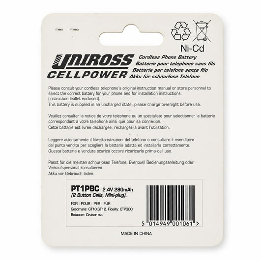 Back view of Uniross Cellpower Cordless Telephone Battery packaging