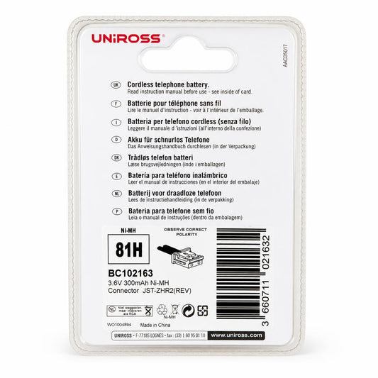 Back view of Uniross Cordless Phone Battery 81H packaging
