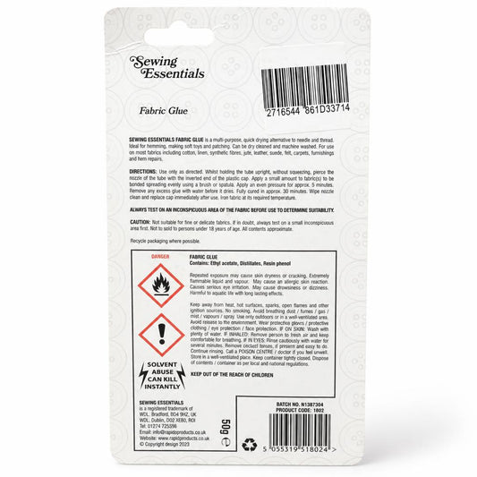 Sewing Essentials Fabric Glue packaging back view