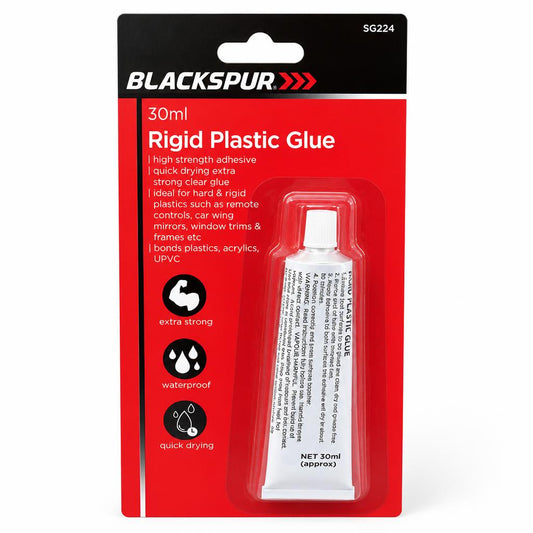 Front view of Blackspur Rigid Plastic Glue packaging