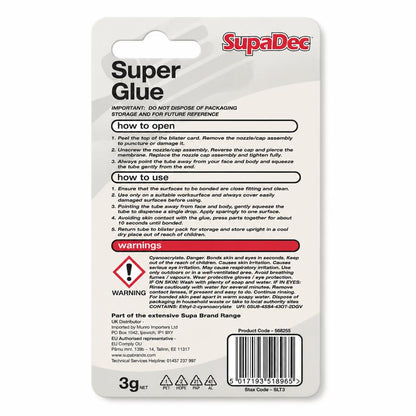 SupaDec Super Glue packaging back view with usage instructions
