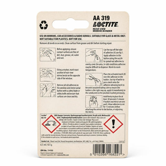 Loctite AA 319 Rear View Mirror Bonder packaging back