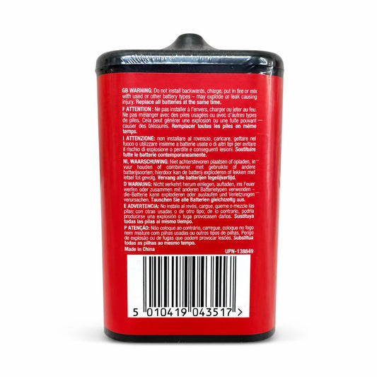 Back of Eveready 6V 4R25-996 Carbon Zinc Battery with warnings and barcode