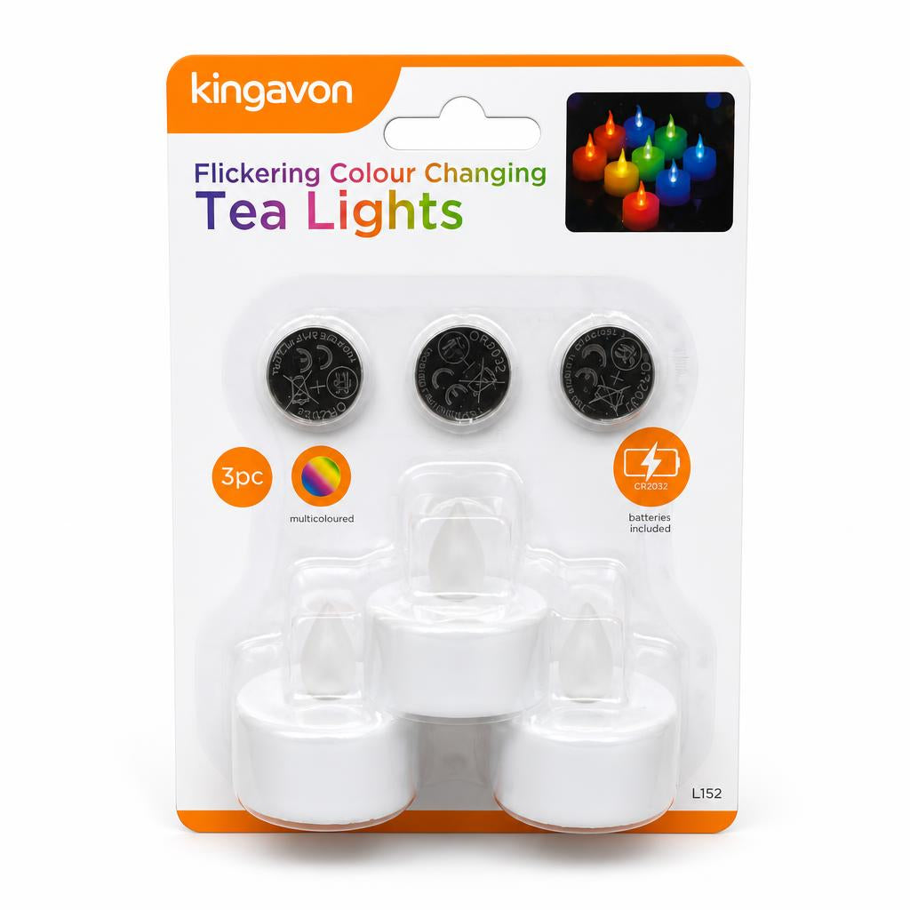 Front packaging of Kingavon Flickering Colour Changing Tea Lights
