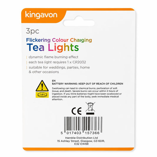 Back packaging of Kingavon Flickering Colour Changing Tea Lights