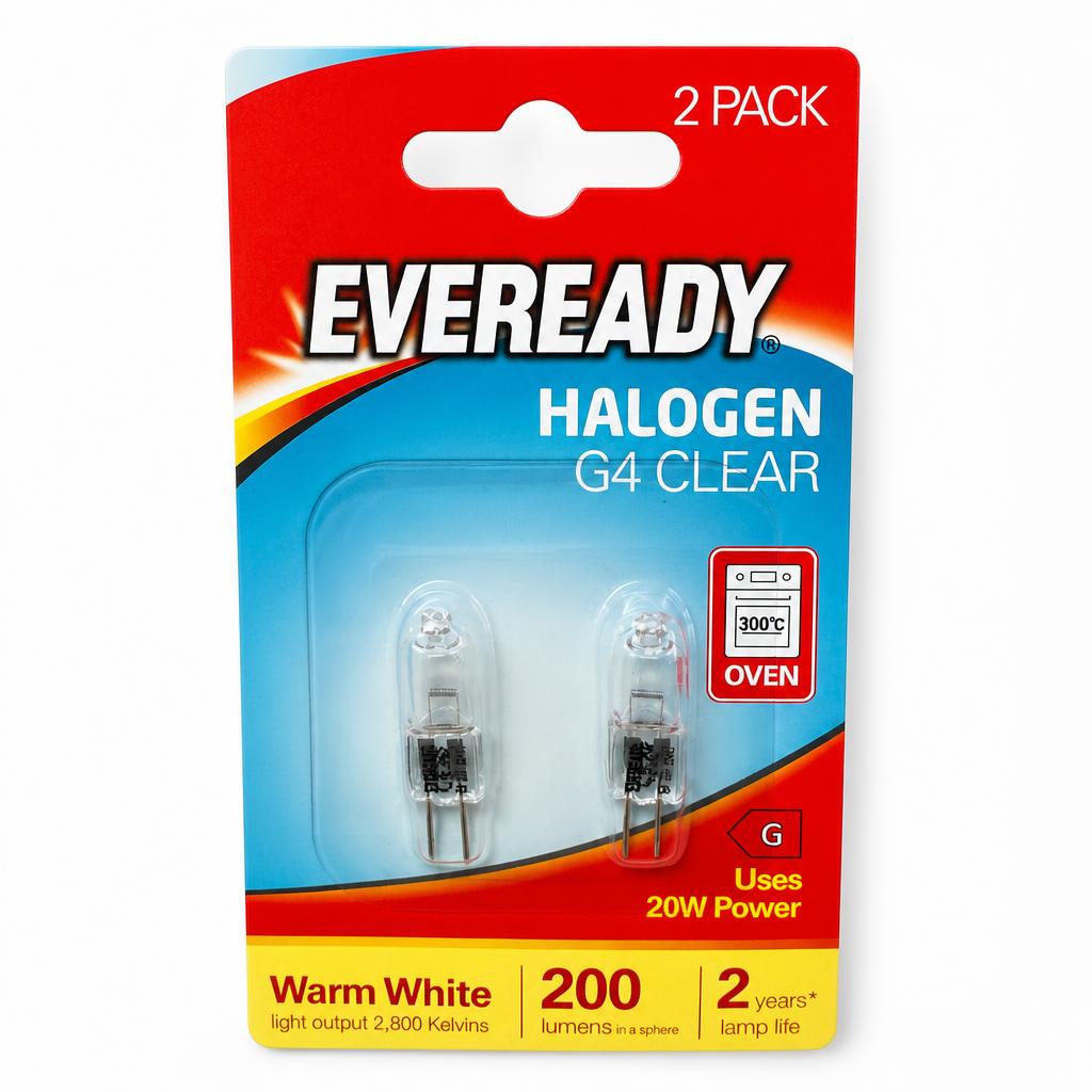 Front view of Eveready Halogen G4 Clear 20W Light Bulbs packaging