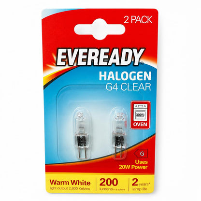 Front view of Eveready Halogen G4 Clear 20W Light Bulbs packaging