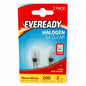 Front view of Eveready Halogen G4 Clear 20W Light Bulbs packaging