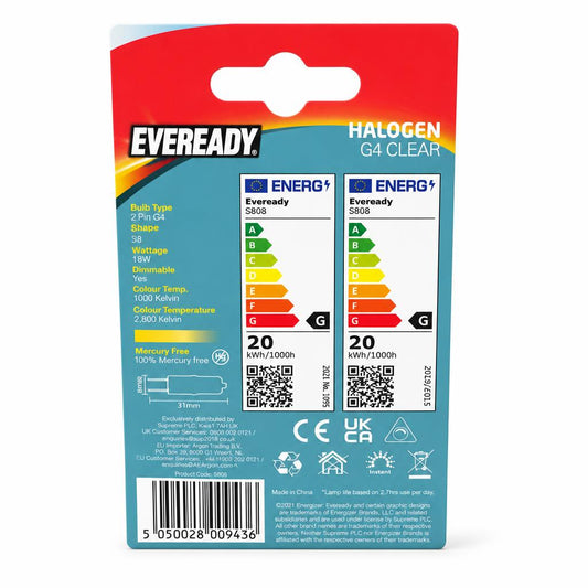 Back view of Eveready Halogen G4 Clear 20W Light Bulbs packaging