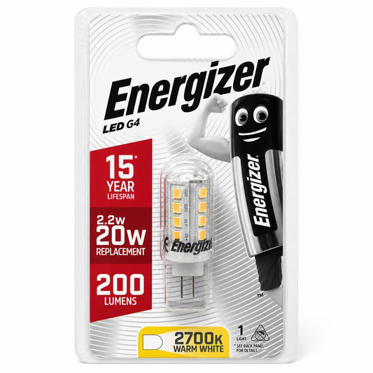 Front view of Energizer LED G4 warm white light bulb packaging