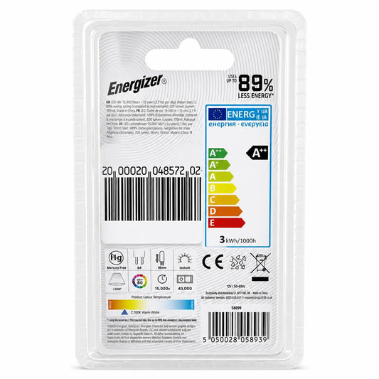 Back view of Energizer LED G4 warm white light bulb packaging