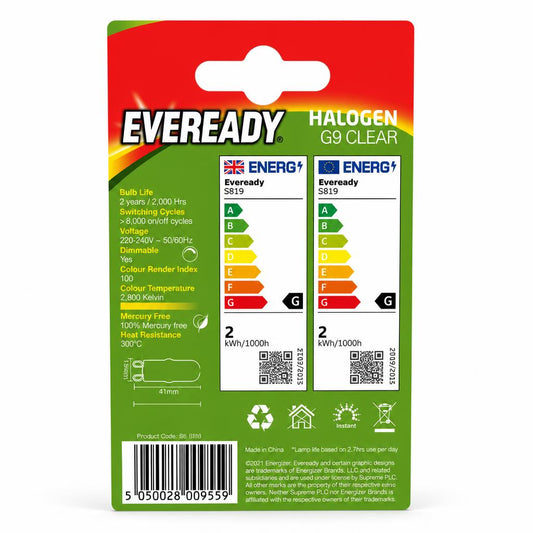 Back packaging of Eveready Halogen G9 40W Bulb showing details
