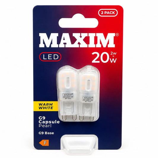 Front view of MAXIM LED G9 Capsule Pearl Warm White 2 Pack