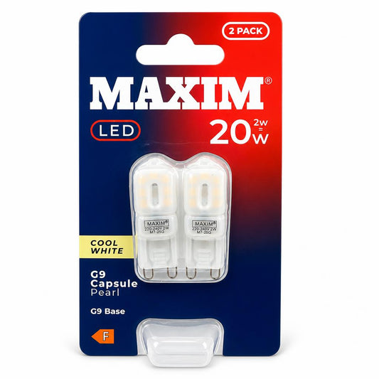 Front view of Maxim LED G9 Capsule Pearl Bulbs packaging