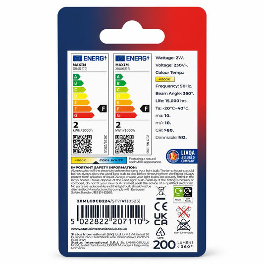 Back view of Maxim LED G9 Capsule Pearl Bulbs packaging showing details