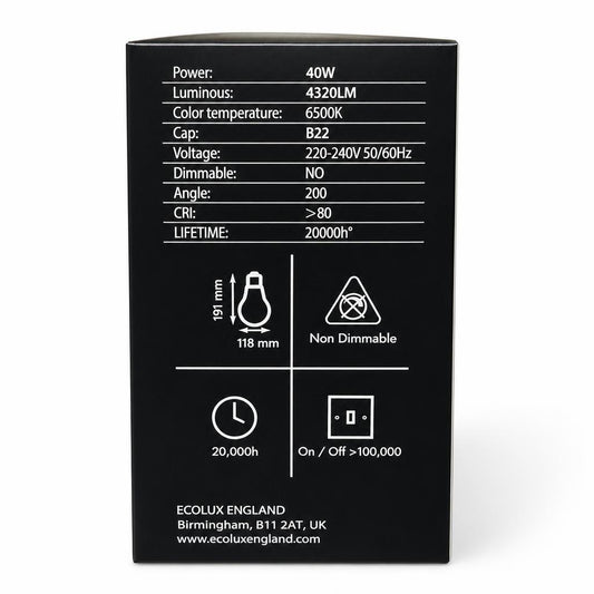 Ecolux England 40W LED-T Bulb Back Packaging