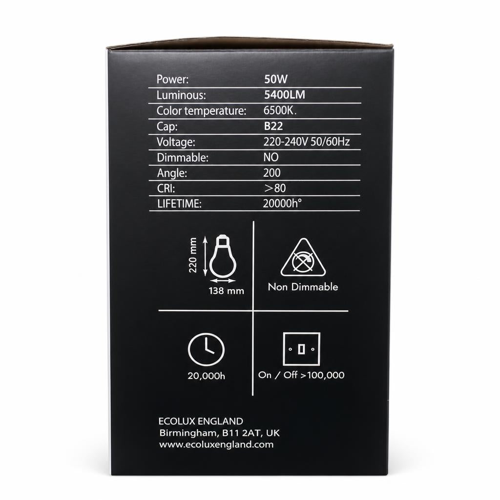 Ecolux 50W LED-T Bulb Back Specifications