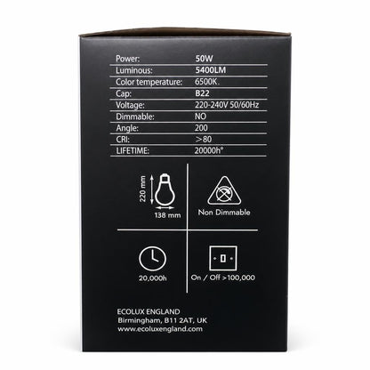 Ecolux 50W LED-T Bulb Back Specifications