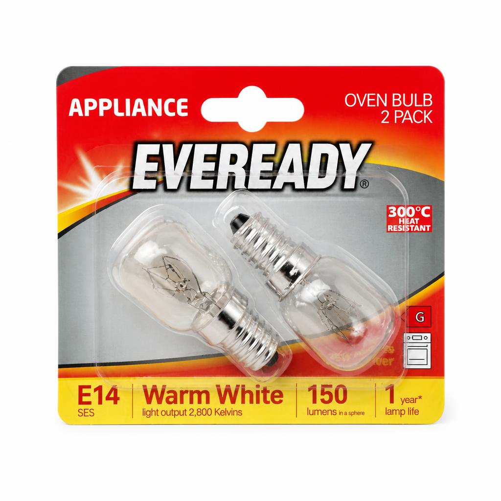 Front view of Eveready Oven Bulb 2 Pack packaging