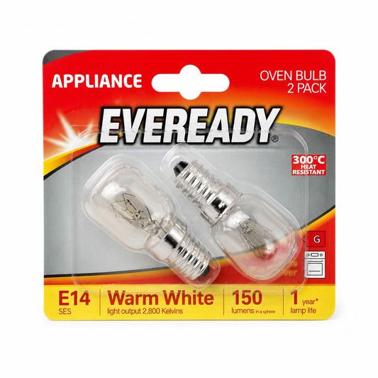 Front view of Eveready Oven Bulb 2 Pack packaging