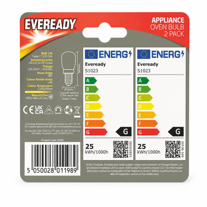 Back view of Eveready Oven Bulb 2 Pack packaging