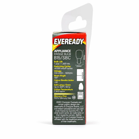 Eveready Appliance Fridge Bulb B15 packaging back view