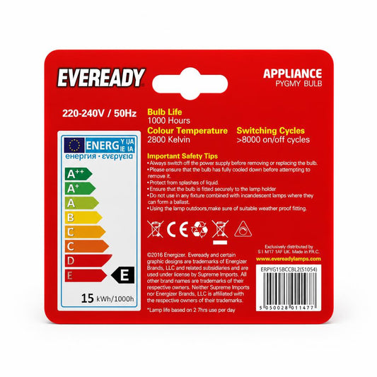 Eveready 15W Appliance Pygmy Bulb packaging back view