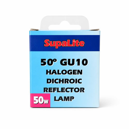 Front view of SupaLite 50W GU10 Halogen Reflector Lamp packaging