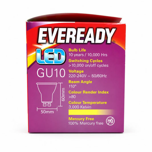 Eveready LED GU10 Warm White Light Bulb packaging details
