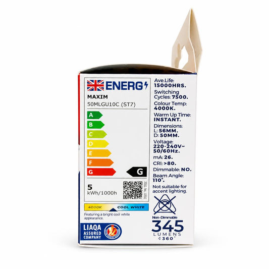 Maxim LED GU10 50W Cool White Bulb packaging back