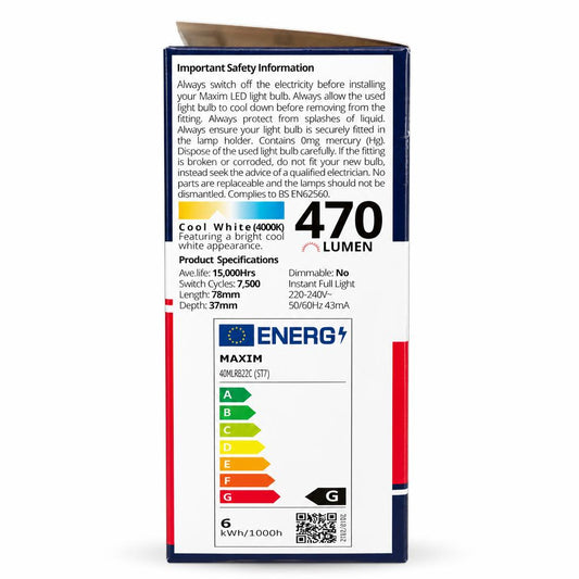 Maxim LED Light Bulb 6W 40W Packaging Back