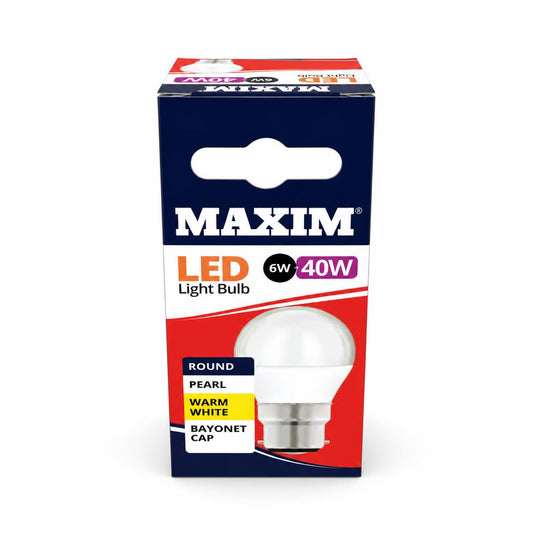 Maxim LED Light Bulb packaging showing 6W 40W equivalent