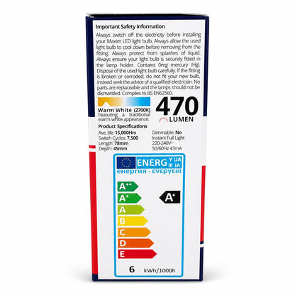 LED bulb packaging with energy rating and details