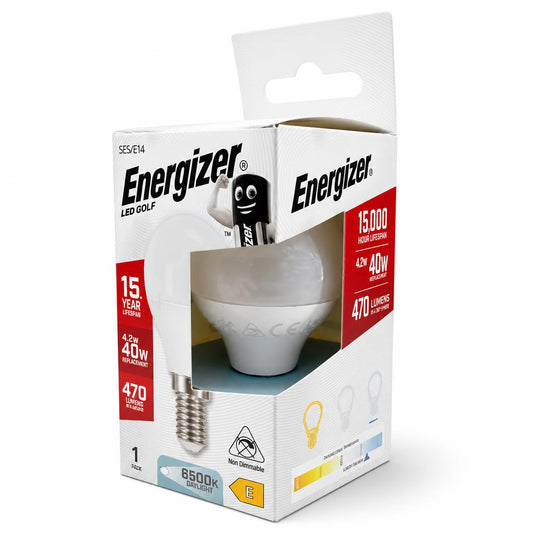 Energizer LED Golf Bulb in packaging displaying 15-year lifespan and 470 lumens