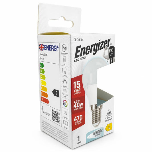 Side view of Energizer LED Golf Bulb packaging showing energy rating and E14 fitting