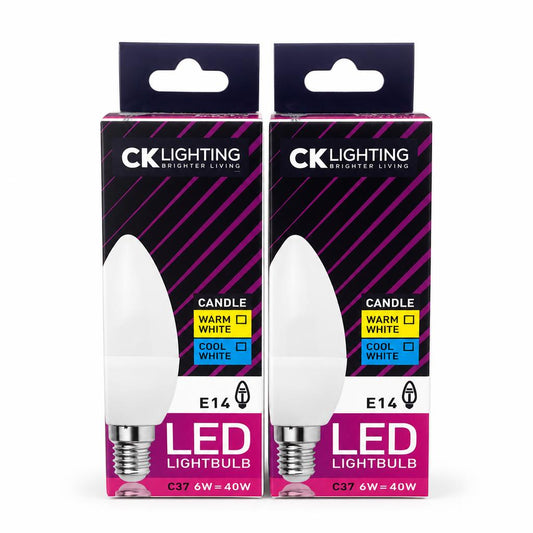 Two boxes of CK Lighting LED Lightbulb C37 E14 6W with pricing stickers