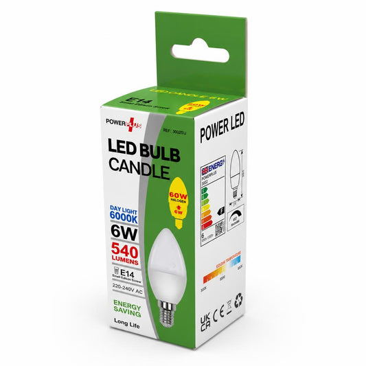 Packaging of Powerplus LED Bulb Candle 6W showing the front view