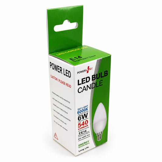 Back view of Powerplus LED Bulb Candle 6W packaging with safety information