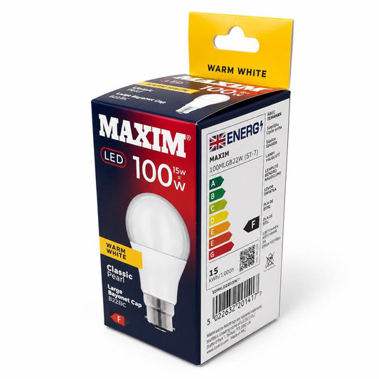 Maxim LED bulb packaging showing energy rating and wattage