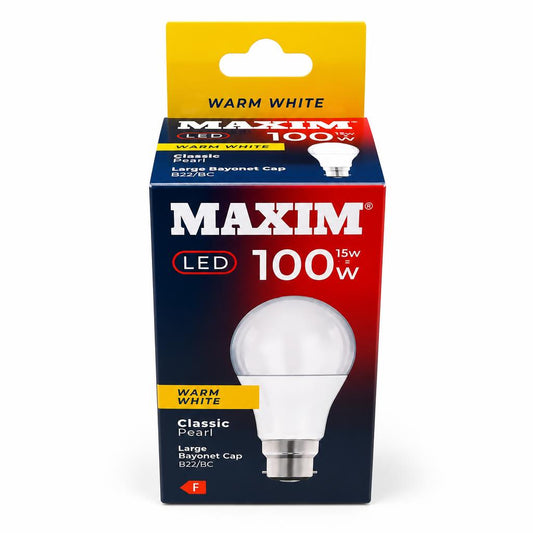 Front view of Maxim LED bulb box with description of bulb features