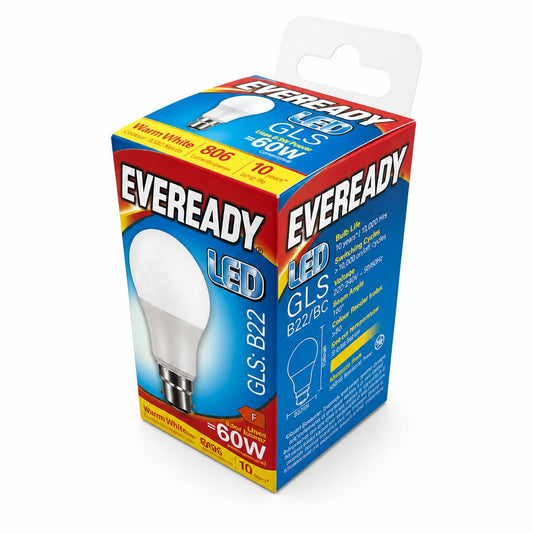 Side packaging view of Eveready LED GLS B22 Warm White Light Bulb