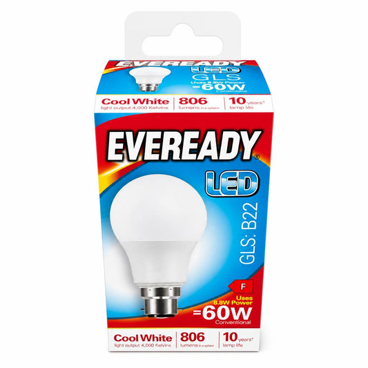 Front view of Eveready LED GLS B22 bulb packaging