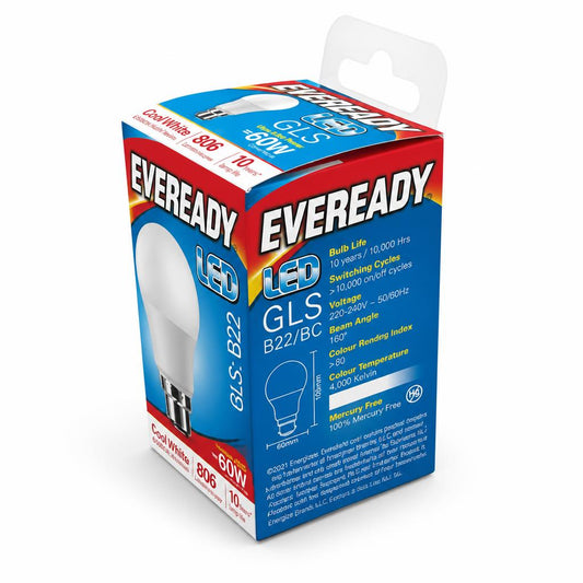 Back view of Eveready LED GLS B22 bulb packaging detailing features