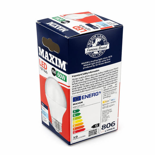 Back of Maxim LED Light Bulb packaging showing product details