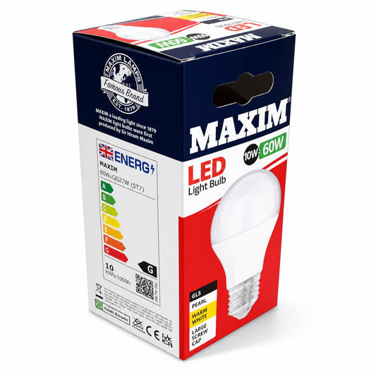 Maxim LED Light Bulb packaging side view with energy info