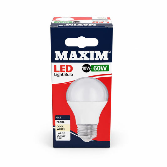 Front view of Maxim LED Light Bulb packaging