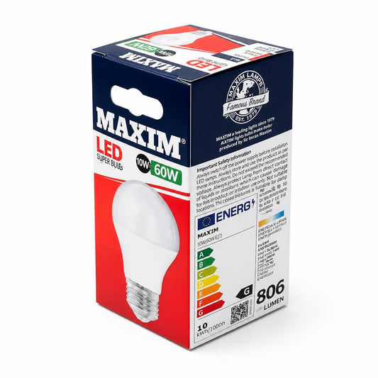 Back view of Maxim LED Light Bulb packaging