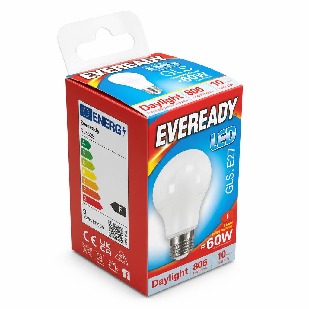 Eveready LED GLS E27 Daylight bulb packaging back view