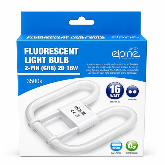Elpine Fluorescent Light Bulb packaging front view showing 2-pin GR8 design and 16W specification